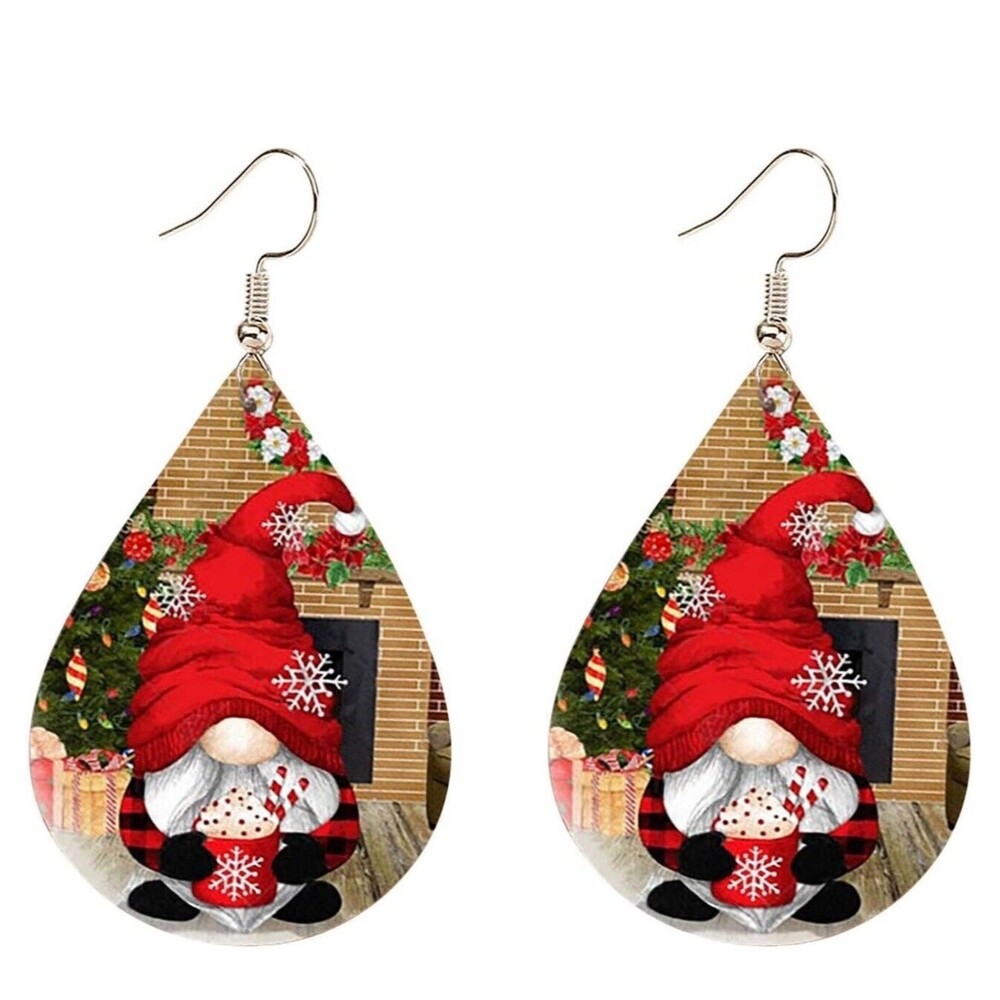 HOLIDAY Santa with Cocoa Teardrop Dangle Drop Earrings 2 sided Jewelry NEW 3”